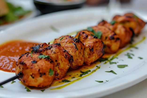 Chicken Tikka with Sauce on a White Plate