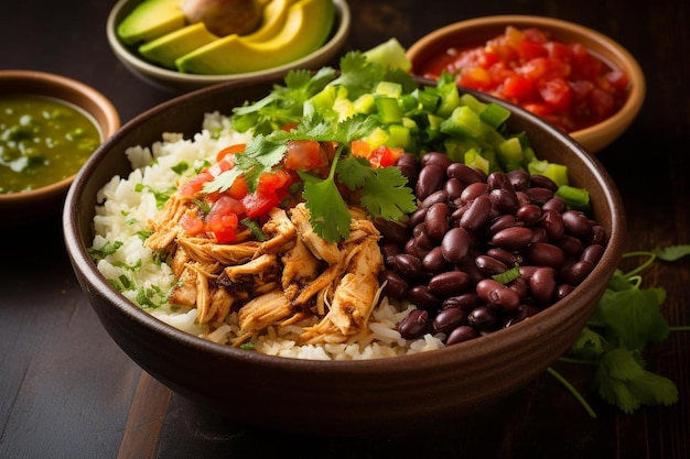 Photo chicken tinga burrito bowl with rice beans and gu