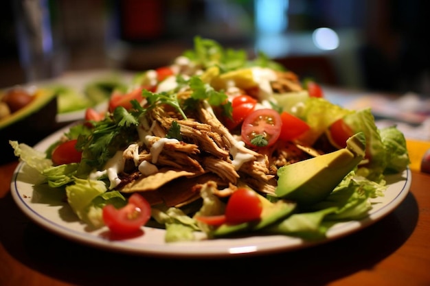 Chicken Tinga Taco Salad with Lettuce Tomato and