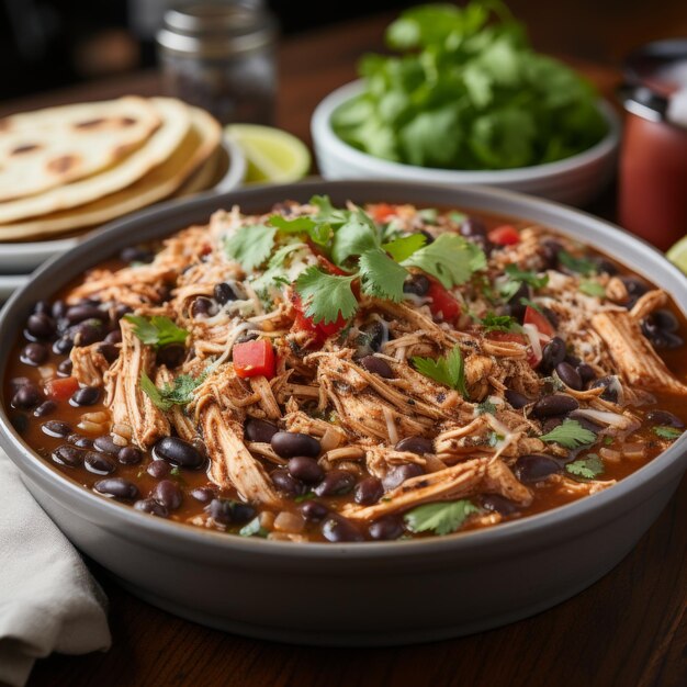 Foto zuppa di tortilla di pollo zuppa piccante con fagioli di mais di pollo frantumati calda e salata