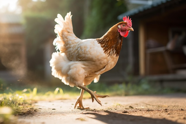 a chicken walking on a dirt road in the sun