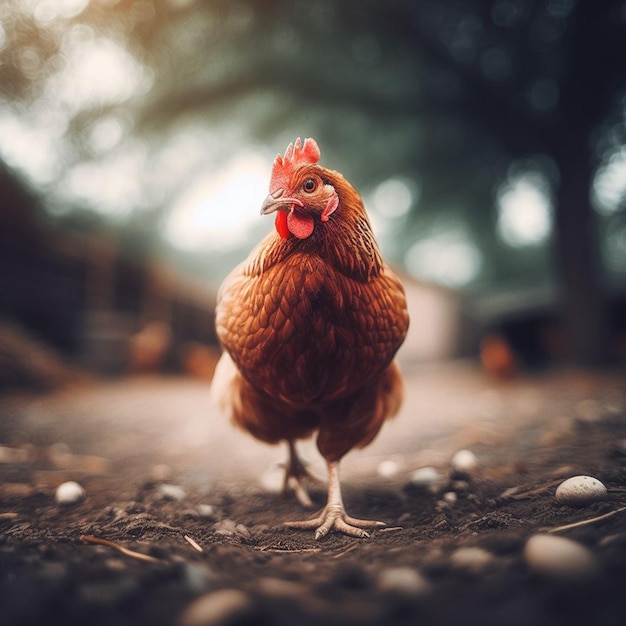 A chicken walking in the farm