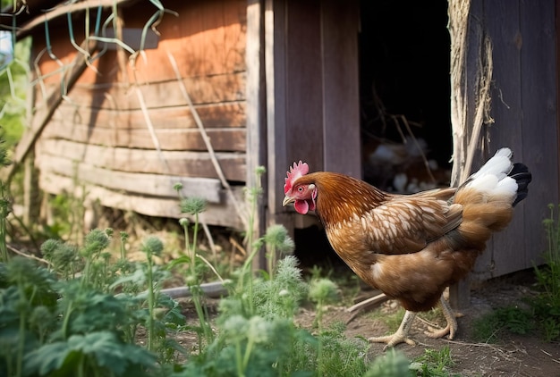 鶏小屋の前を歩くニワトリ