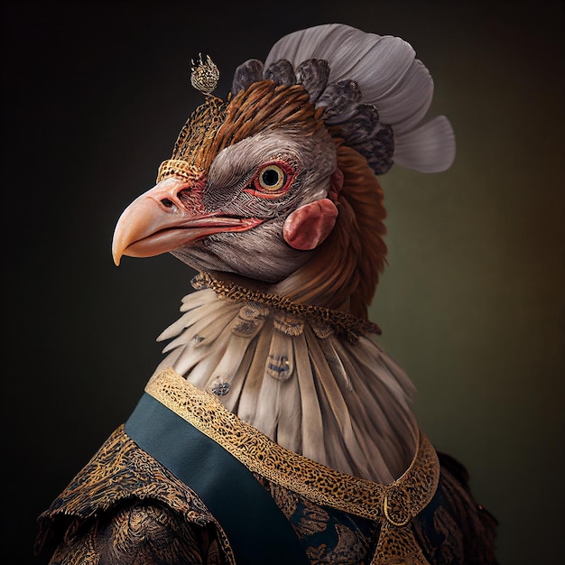 A chicken wearing a dress and a crown is standing in a fancy dress.