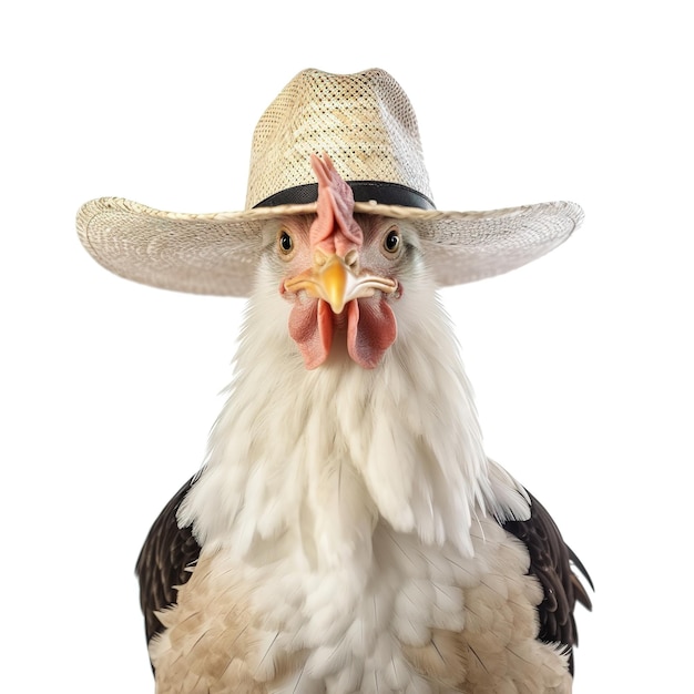 A chicken wearing a hat that says " i love chicken "