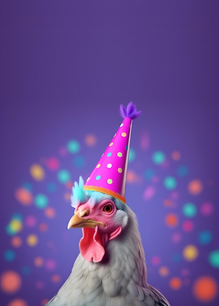 A chicken wearing a party hat is wearing a party hat