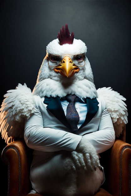 Photo chicken wearing a suit and tie sitting in a chair generative ai