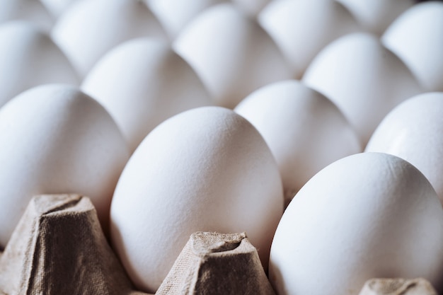 치킨 흰 계란 근접 촬영입니다. 카톤 트레이에 농산물과 천연 계란.