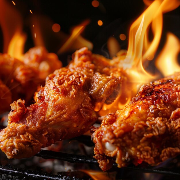 chicken wings are cooking on a grill with flames in the background
