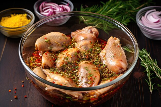 Chicken wings marinating in a bowl with spices and herbs