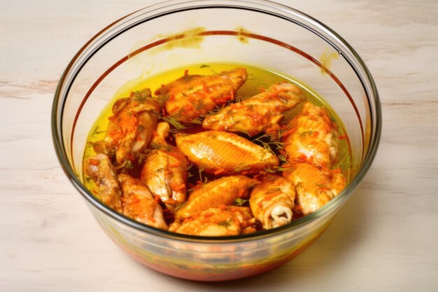 Chicken wings marinating in a glass bowl