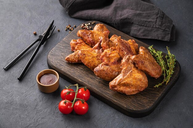 Chicken wings with bbq sauce tomato and fresh herb on a wooden board on a dark background