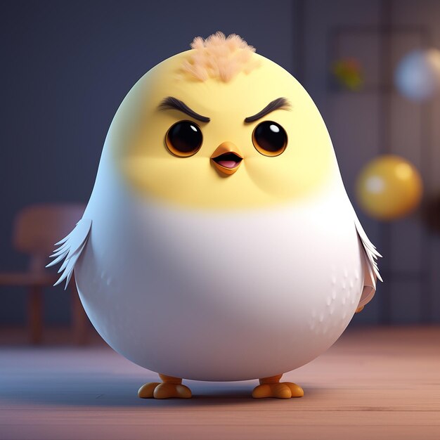 a chicken with a angry face is standing on a wooden table.