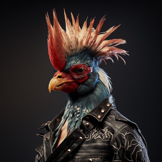 黒い革のジャケットと赤い羽をした鶏が暗い背景の前に立っています。