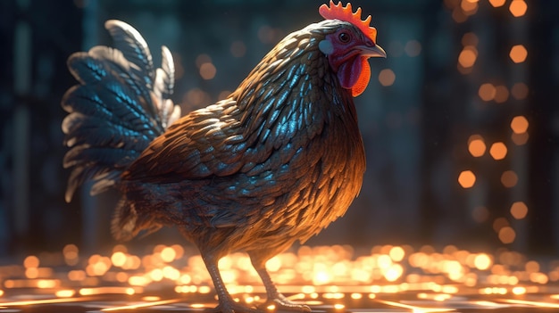 明るい青色の背景に鶏の文字が下にある鶏
