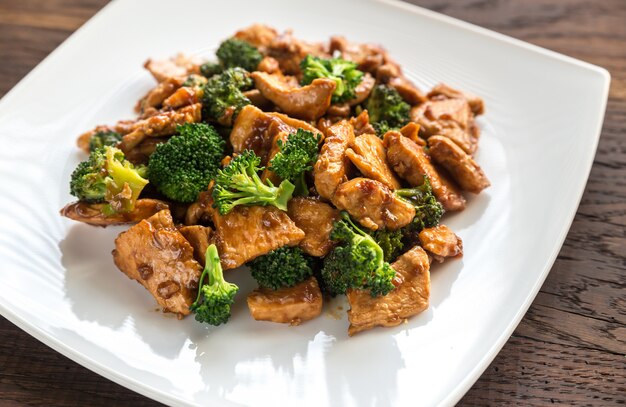 Chicken with broccoli on a white plate