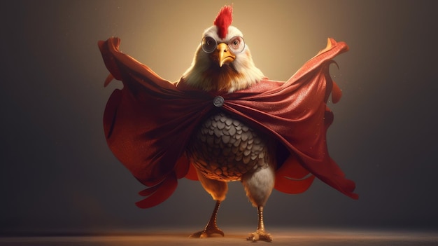 A chicken with a cape that says'chicken'on it