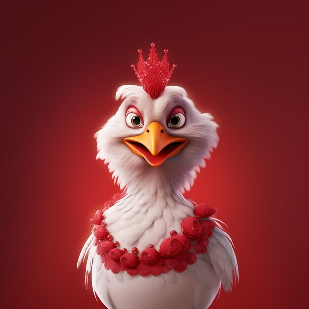 A chicken with a crown on its head is shown