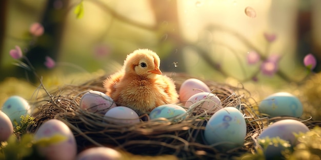 Chicken with Easter eggs in nest