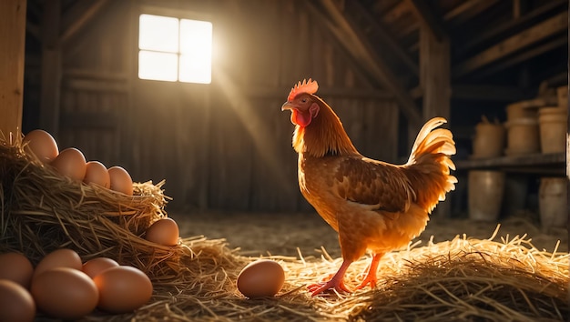 Photo chicken with eggs in the barn