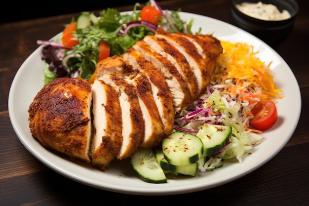 Chicken with explosive flavor served with fresh salads and delectable cheese