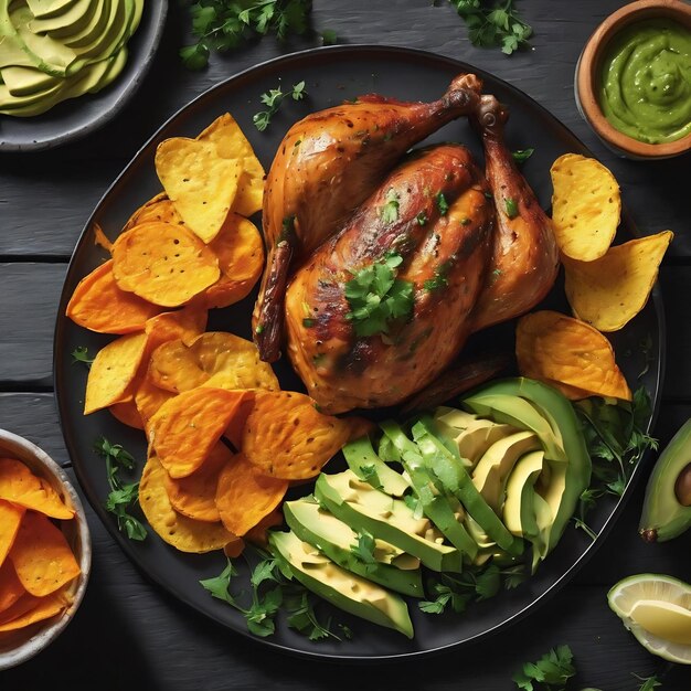 Chicken with guasacaca sauce of avocado green pepper and herbs and sweet potato chips on black plate