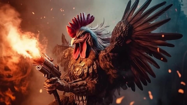 A chicken with a gun in his hands