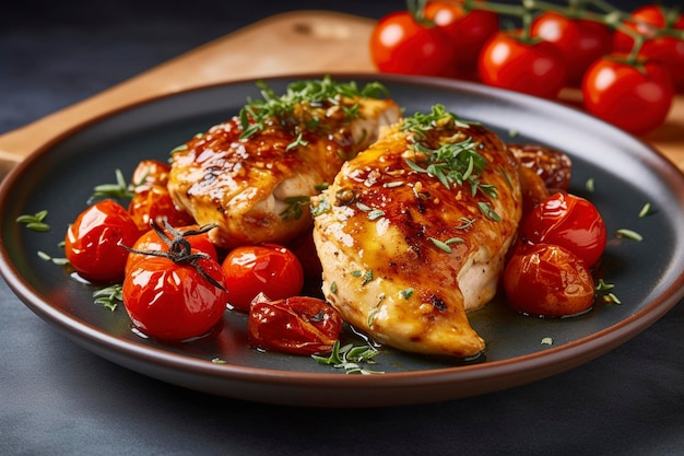 Chicken with herb roasted tomatoes served on an elegant ceramic plate