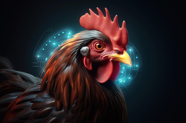 Chicken with light that is in the digital world on a dark background Farm animals illustration generative AI