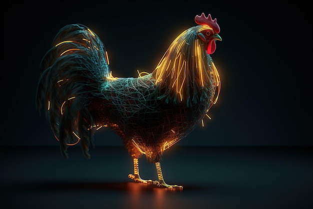 Foto pollo con luce che si trova nel mondo digitale su uno sfondo scuro animali da fattoria illustrazione ai generativa