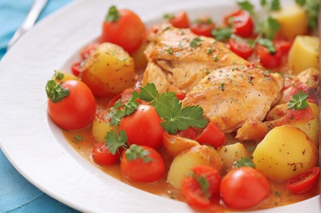 Chicken with potatoes and fresh tomatoes