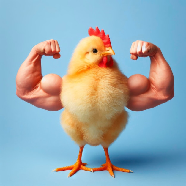 Chicken with pumped up arms on a blue background ai generative