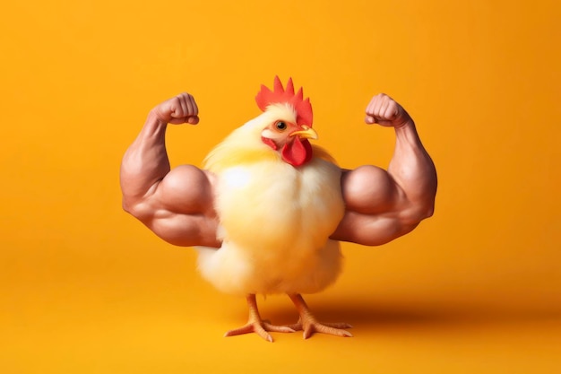 Chicken with pumped up arms on yellow background ai generative
