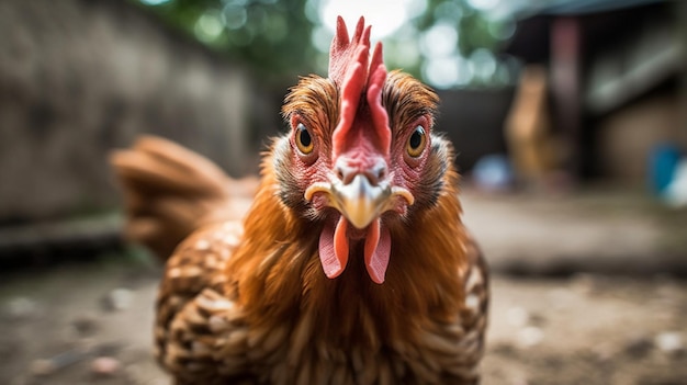 A chicken with a red beak and a red beak