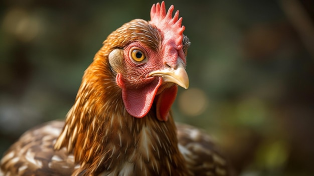 A chicken with a red comb and red hair