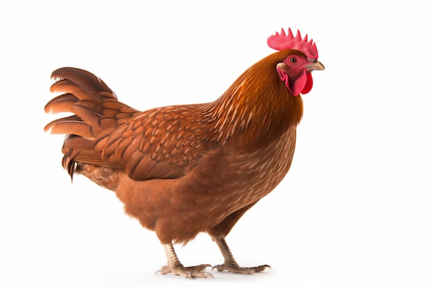 a chicken with a red comb standing on a white surface