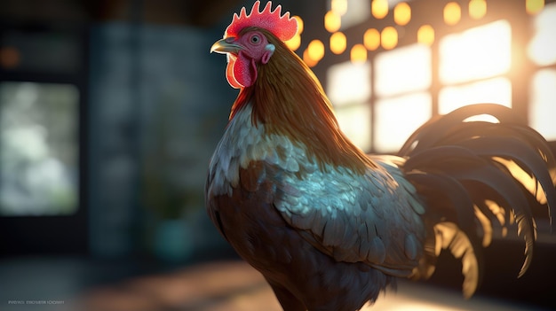 A chicken with a red comb stands in front of a window.