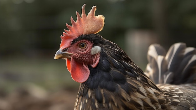 A chicken with a red comb