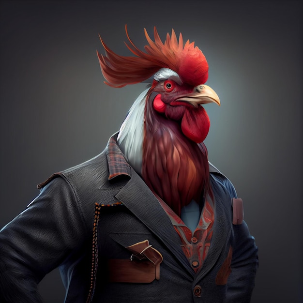 A chicken with a red head and a red beak is wearing a jacket.