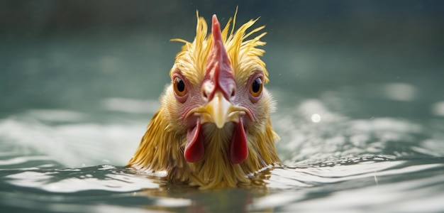 A chicken with a red and yellow hair is swimming in a pond.