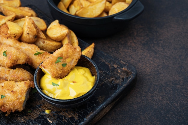 Chicken with sauce and potatoes on dark table