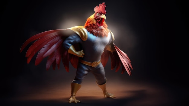 A chicken with a superhero costume on his chest