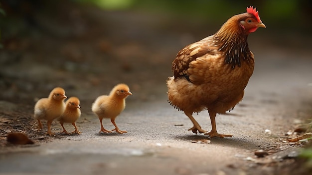 Цыпленок с тремя маленькими цыплятами на спине