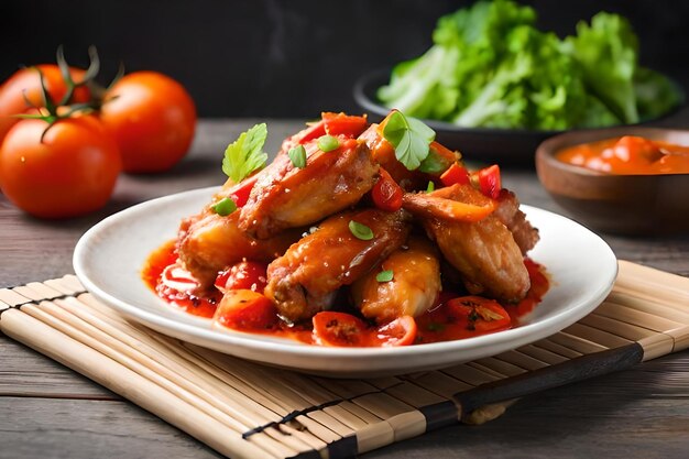 Photo chicken with vegetables and a bowl of sauce