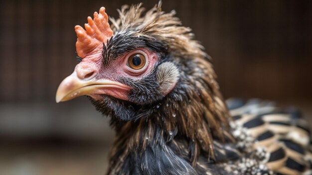 A chicken with a yellow beak and red eyes