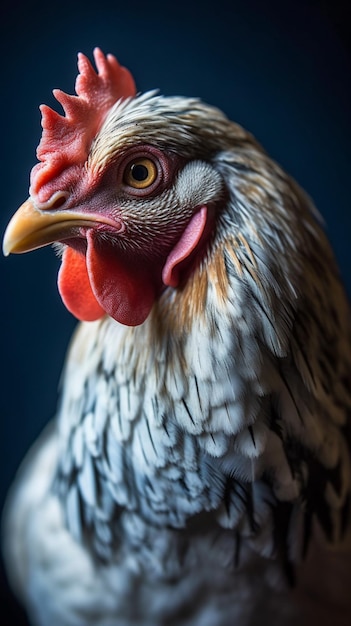 A chicken with a yellow eye and a red eye