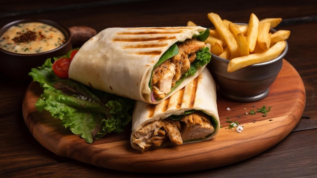 Chicken wrap tortilla bread served with fries