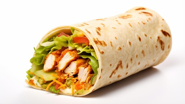 Chicken Wrap with Salad and Cheddar on White Background