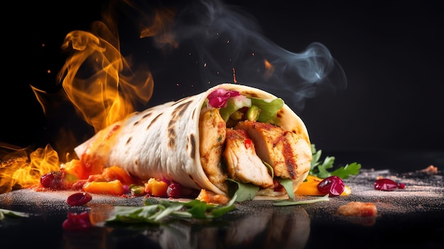 A chicken wrap with vegetables on a black background