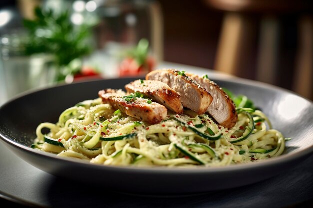 Photo chicken and zoodle spaghetti is served on a ceramic plate